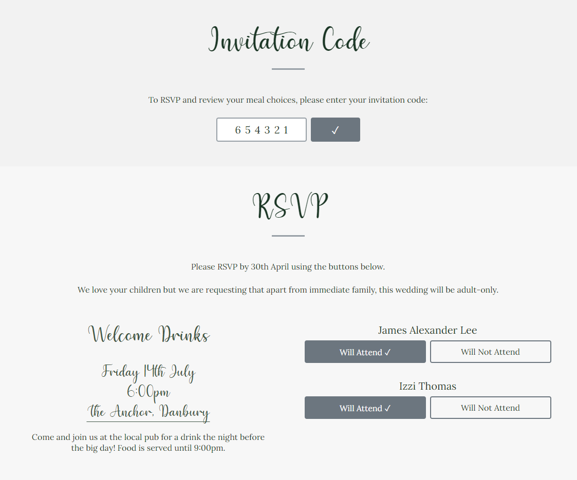 The invitation code has been submitted and the RSVP section below is displaying buttons for each guest associated with that code.