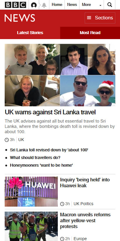 The BBC News home page on mobile.