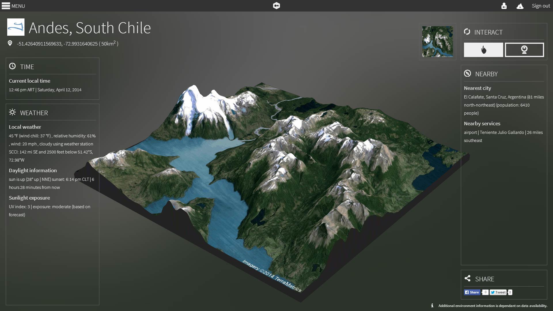 A UI with a 3D model of a mountain glacial landscape as the prominent feature. It is surrounded by information about the local area such as time, weather and what's nearby.