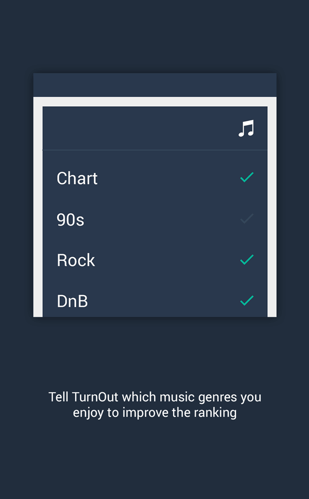 Mockup of the music genre selection screen, with text: 'Tell TurnOut which music genres you enjoy to improve the ranking'.