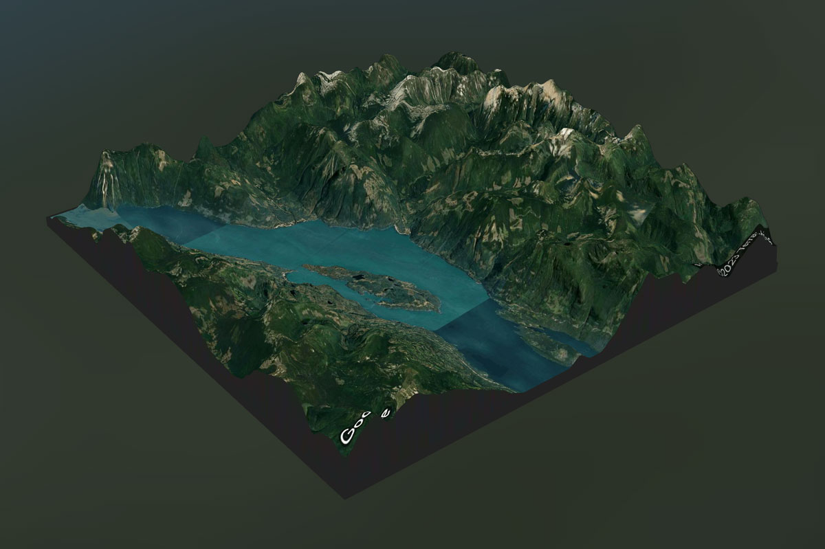 3D model of a mountain range with a river running through it