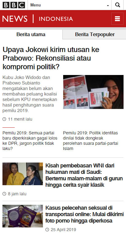 The BBC Indonesia home page on mobile.