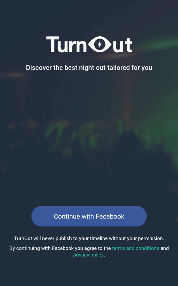 Login screen with the TurnOut logo and a 'Continue with Facebook' button.