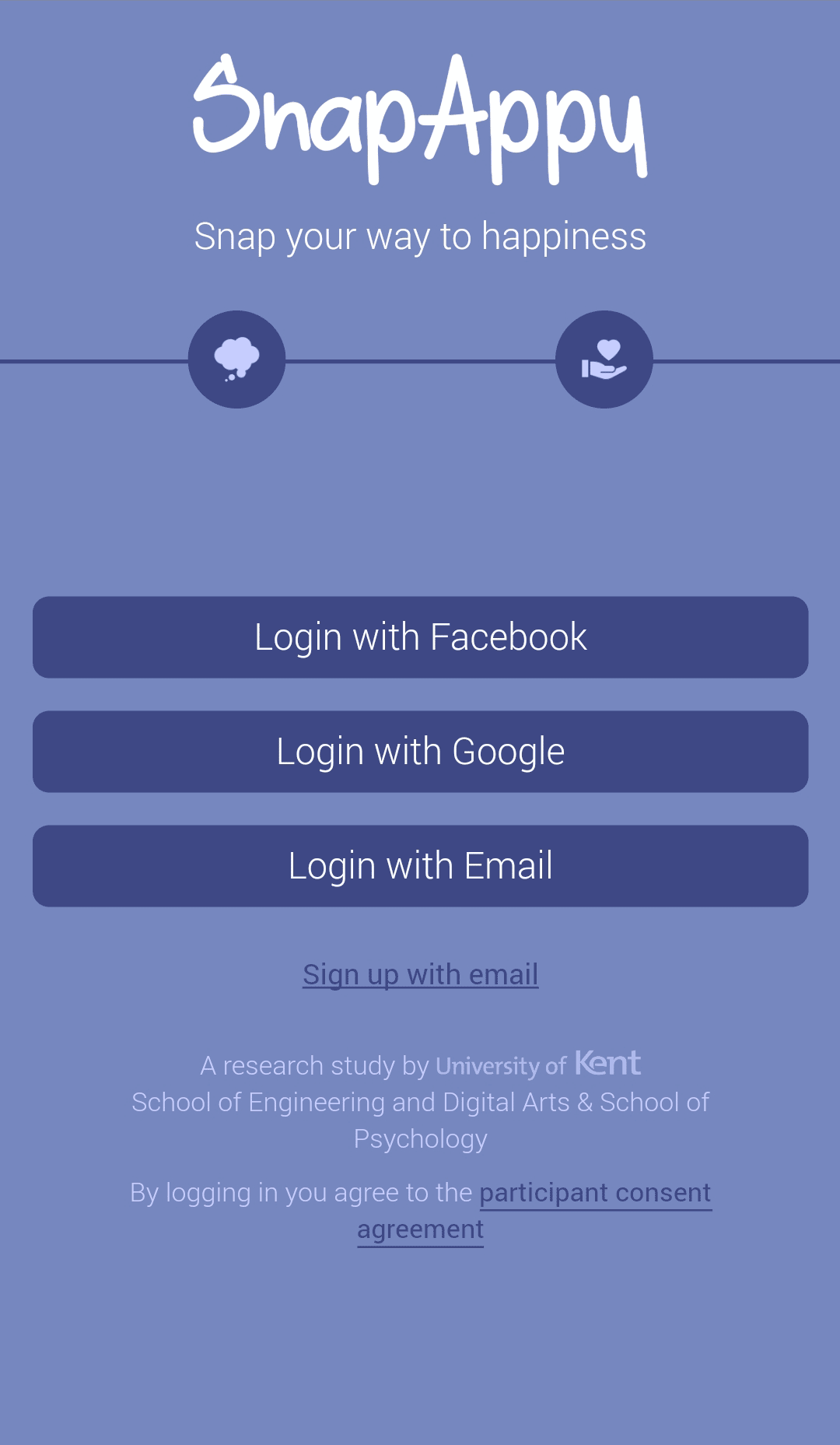 Login screen with the SnapAppy logo, login and sign up buttons.
