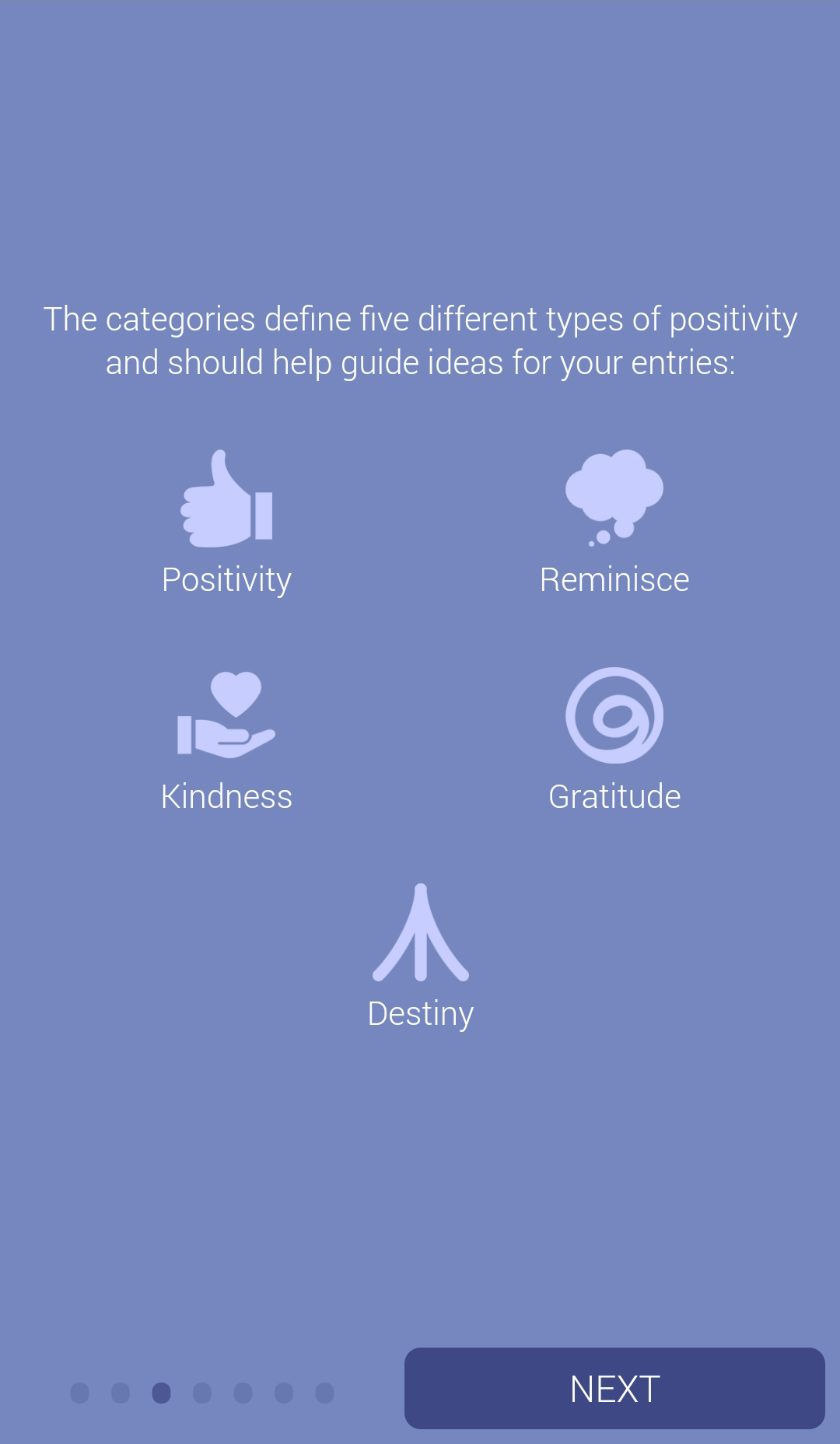 Onboarding screen with text: 'The categories define five different types of positivity and should help guide ideas for your entries: Positivity, Reminisce, Kindness, Gratitude, Destiny'.