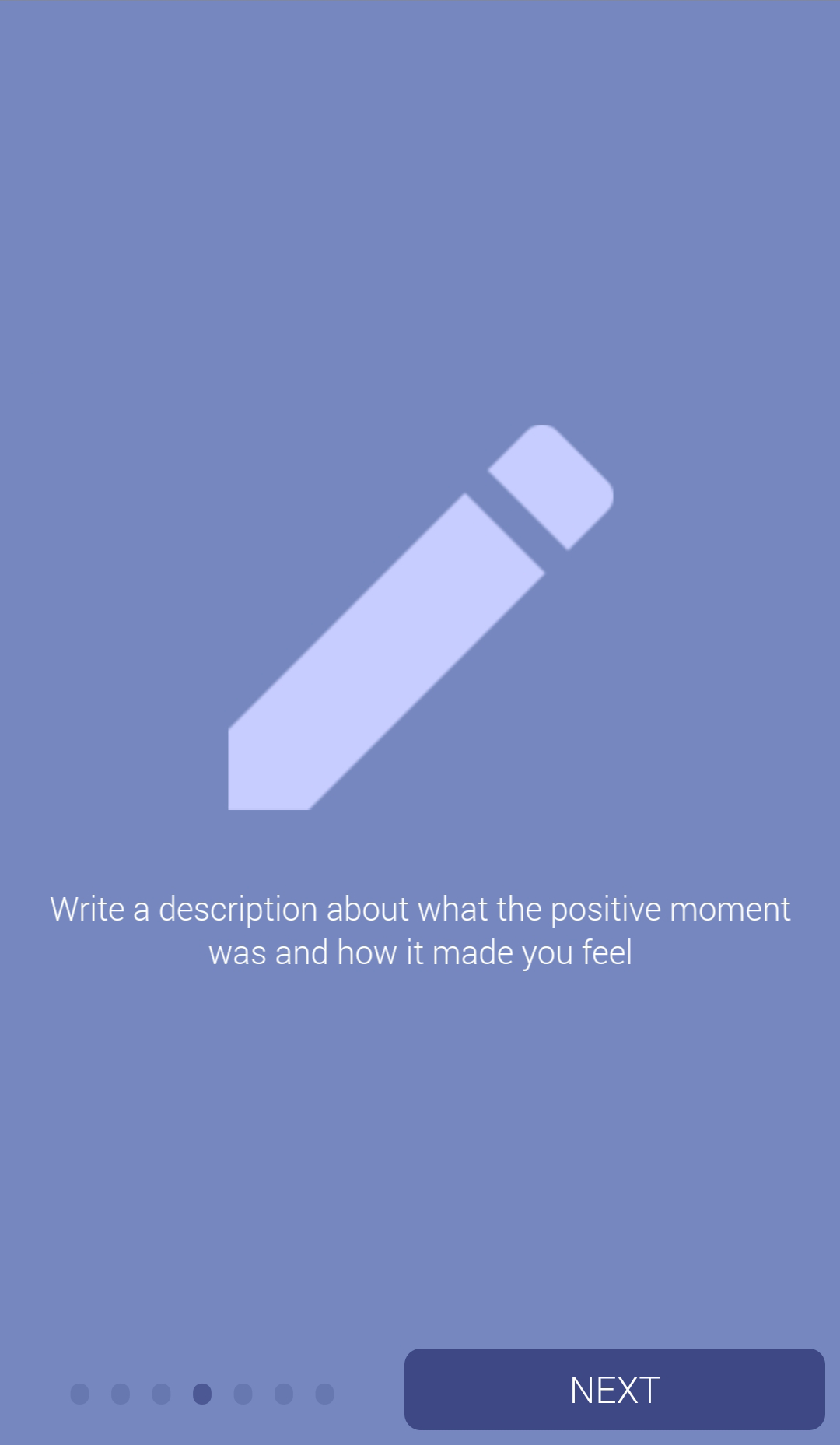 Onboarding screen with text: 'Write a description about what the positive moment was and how it made you feel'.