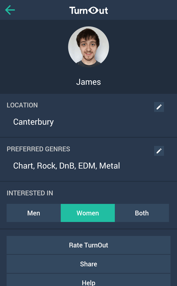 Settings screen displaying user's profile picture, name and selected preferences for location, genres and dating.