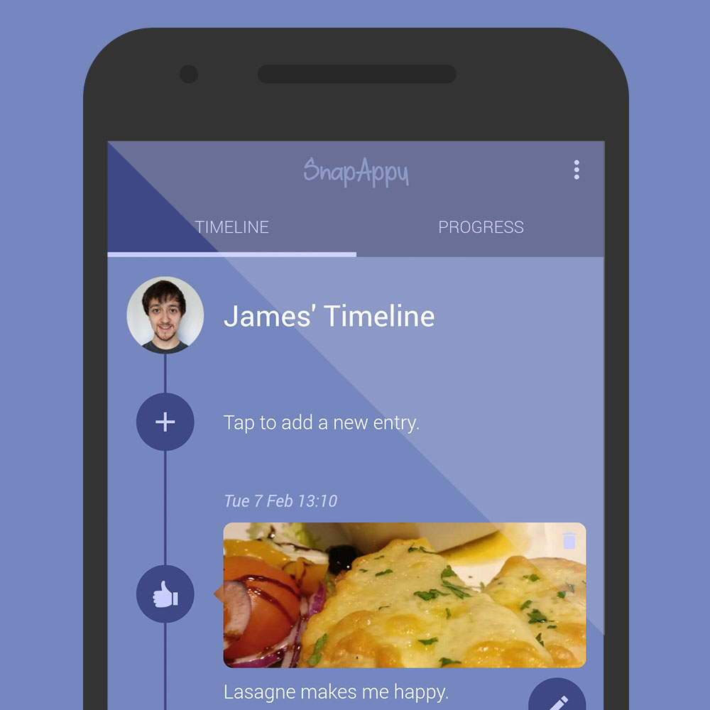Phone mockup displaying the SnapAppy timeline screen.